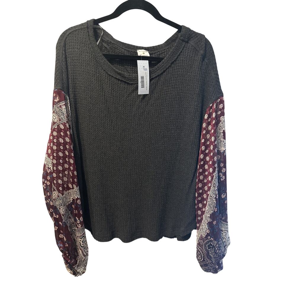 ⭐️ Women’s By Together Gray Waffle Knit Top W/ Shear Sleeves Size Large Fall